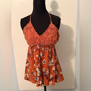 American Rag Terracotta Floral Crochet Halter Top